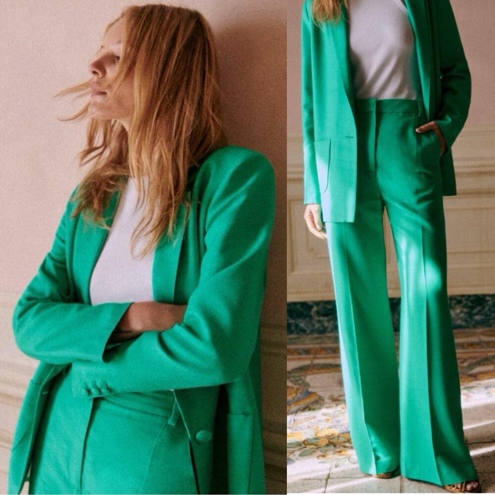 Sezane Vibrant Emerald Green Tailored Blazer